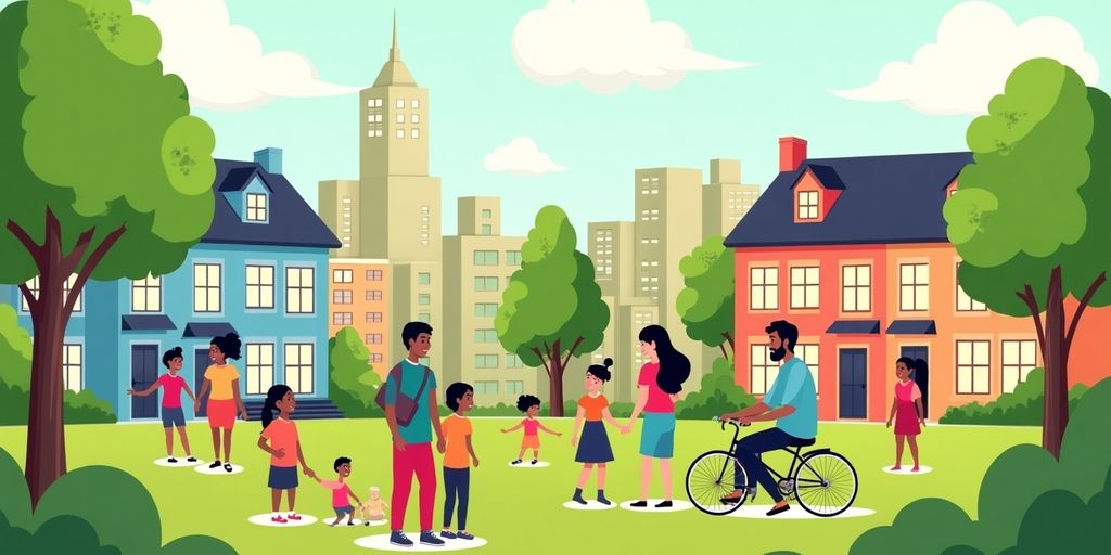 Diverse families in a park near affordable housing.