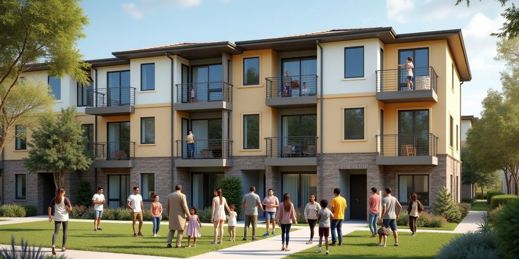 Diverse families in front of a modern residential building.