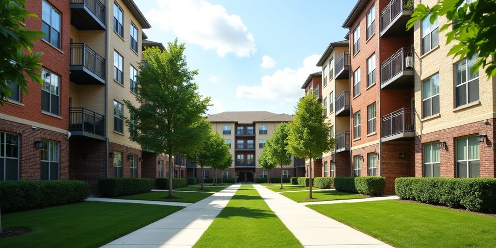 Photograph of affordable housing units and community spaces.