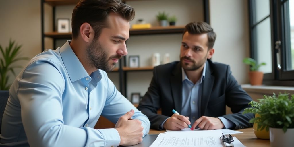 Landlord reviewing rental applications in an office.