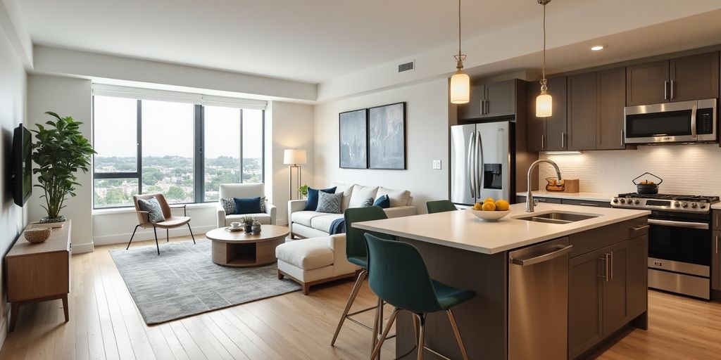 Cozy apartment interior with natural light and decor.