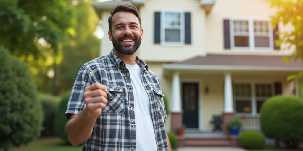 Smiling landlord holding keys outside rental property.