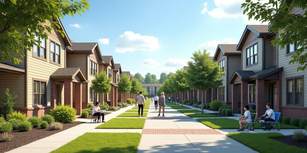 Affordable housing units with families in a vibrant neighborhood.