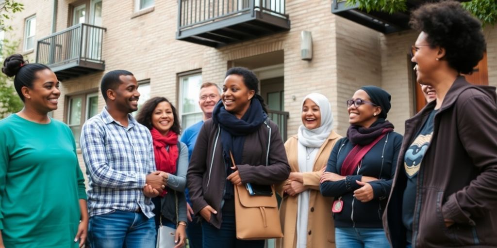 Diverse tenants gathered outside an apartment building, smiling.