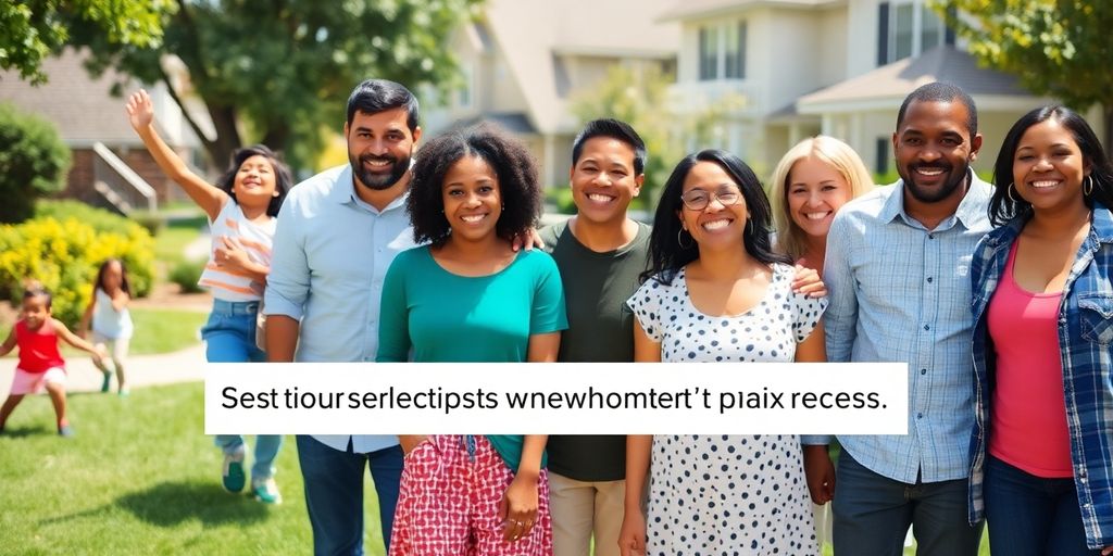 Happy families celebrating their new homes in a sunny neighborhood.