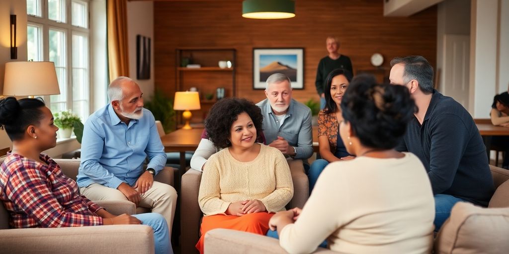 Group of people discussing housing in a cozy setting.