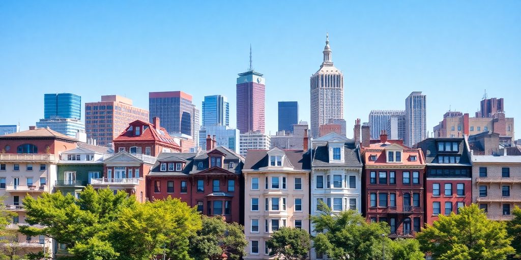 City skyline with diverse short-term rental properties.