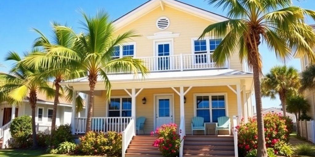 Beach house vacation rental with vibrant surroundings.