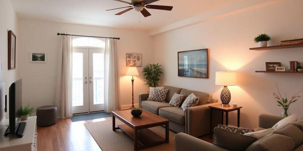 Cozy short-term rental interior with warm lighting.