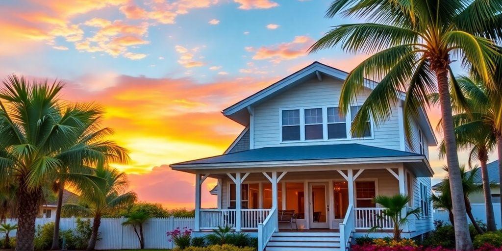 Colorful Florida beach house at sunset near palm trees.