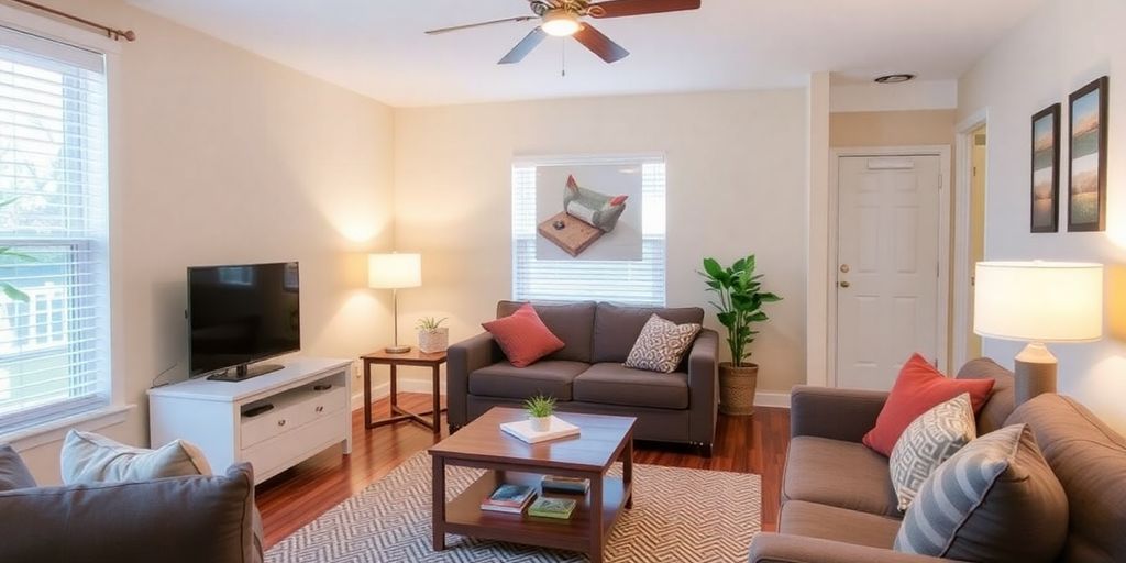 Cozy short-term rental living space with modern decor.