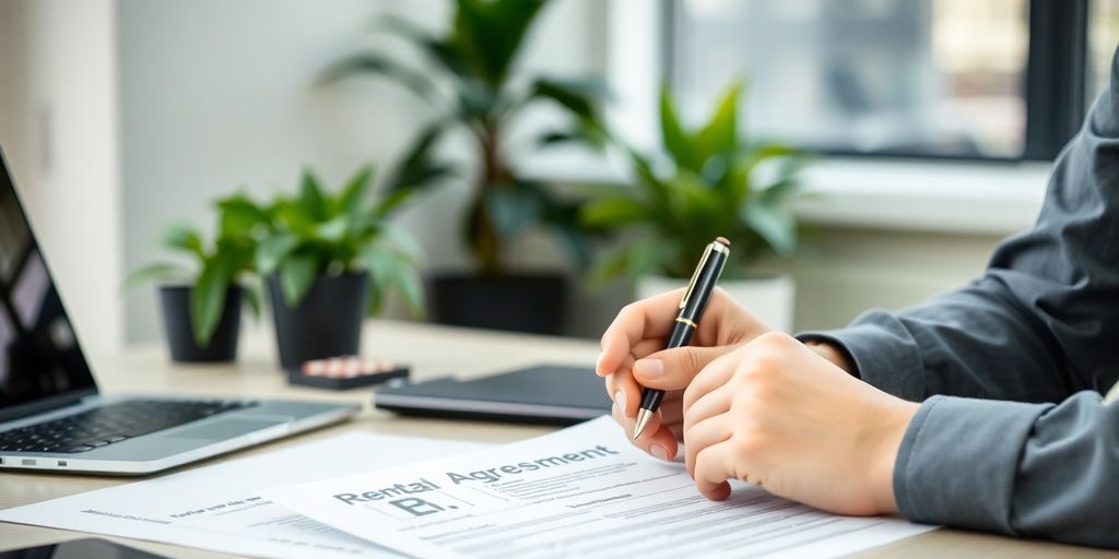 Person signing a rental agreement on a desk.