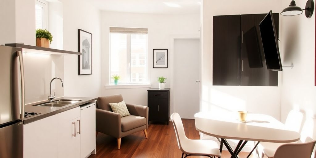 Photograph of a stylish efficiency unit interior.