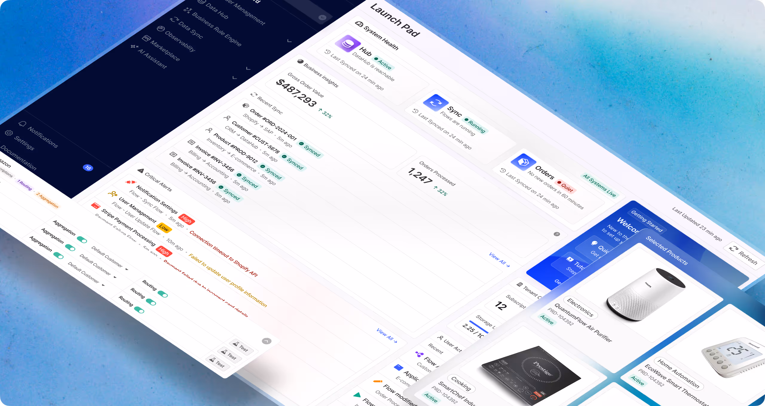 OmnifiCX dashboard showing unified commerce operations and real-time system status