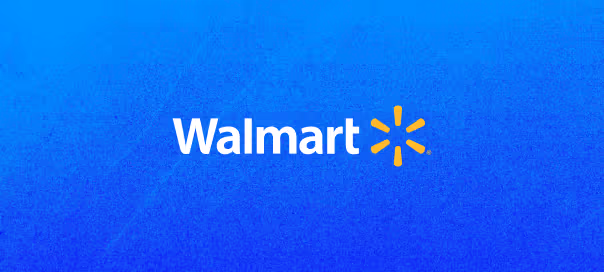 Walmart logo with white text and yellow spark symbol on a blue gradient background.