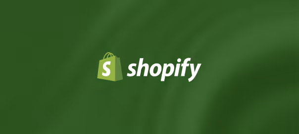 Shopify logo with a green shopping bag icon on a dark green background.