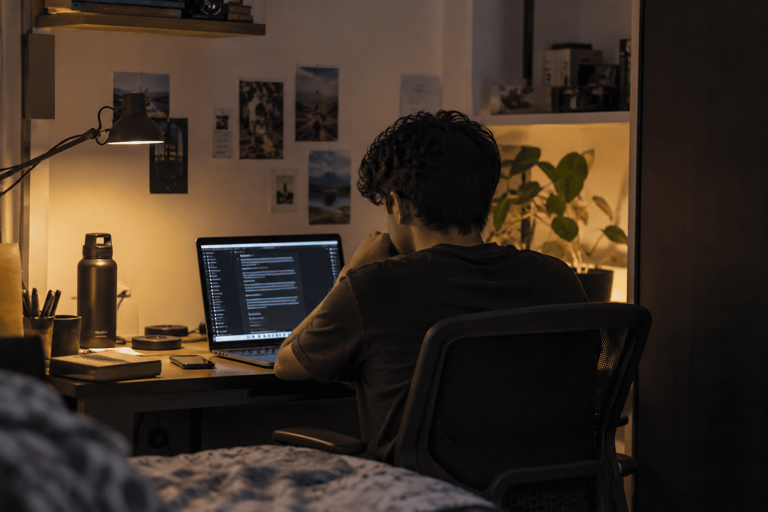 Student studying on a laptop at a desk in a lamp-lit bedroom, balancing an online degree with other work