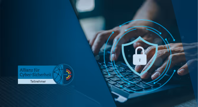 Laptop mit Sicherheitsschloss und Abzeichen der Allianz für Cyber-Sicherheit