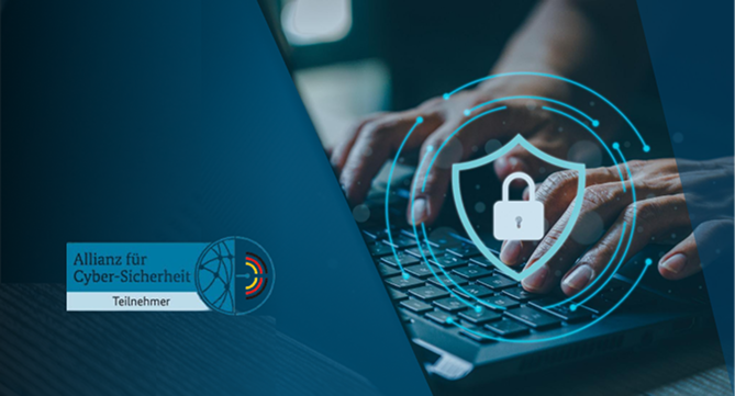 Laptop mit Sicherheitsschloss und Abzeichen der Allianz für Cyber-Sicherheit