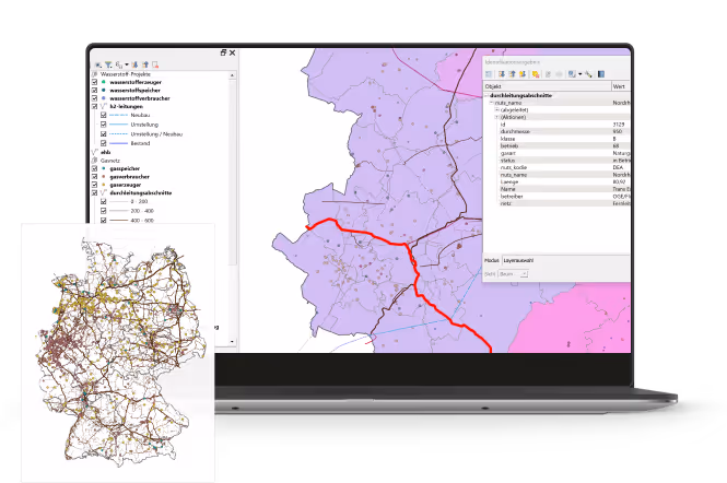 Laptop und Karte mit Darstellung des Gasnetzkarte Datenpaket Portals