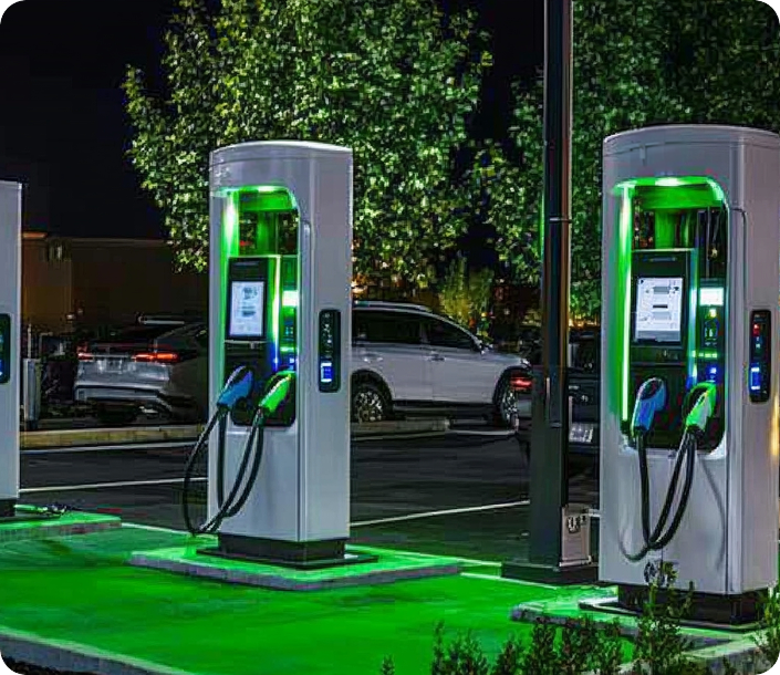 Two illuminated electric vehicle charging stations at night in a parking area with cars and trees in the background.