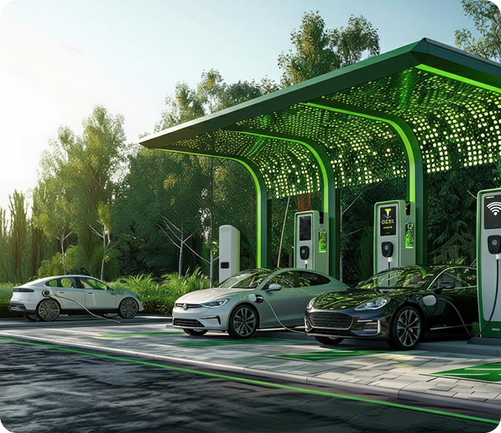 Three electric cars charging at a modern green-themed charging station with trees in the background.