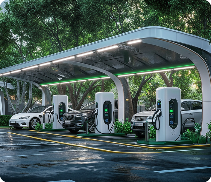 Modern electric vehicle charging station with three EV chargers under a canopy, charging three cars parked in a row amid green trees.