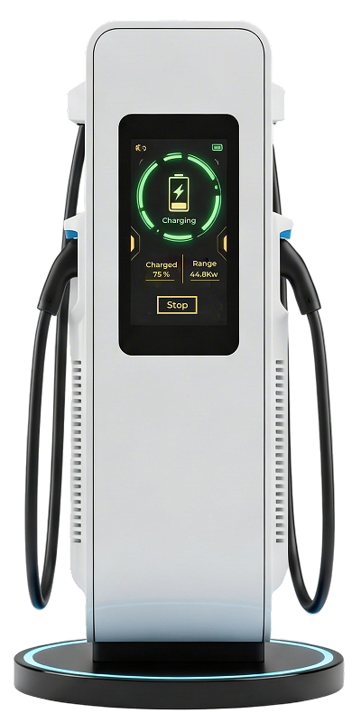 Electric vehicle charging station with digital display showing 75% charged and 44.8 kW range, with two charging cables.