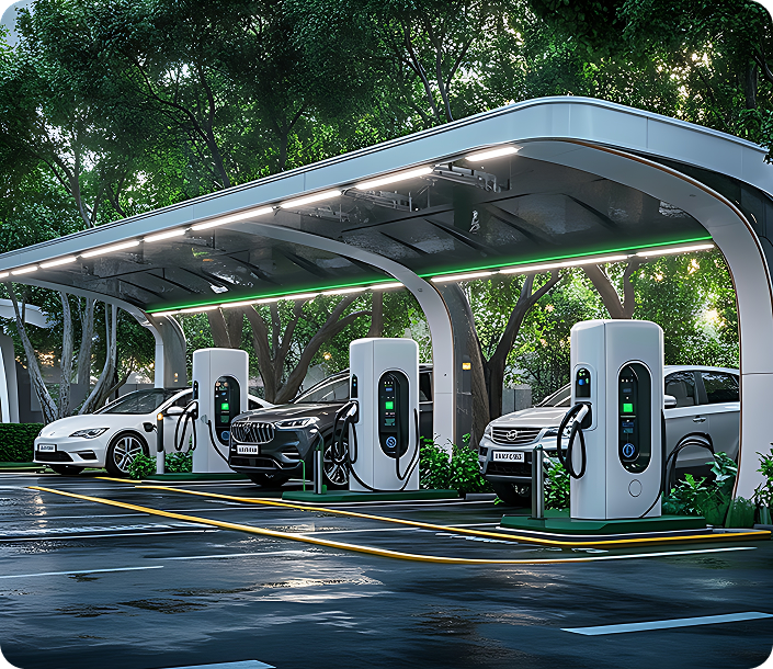 Three electric cars charging at a modern outdoor EV charging station with a sleek canopy and green lighting, surrounded by trees.
