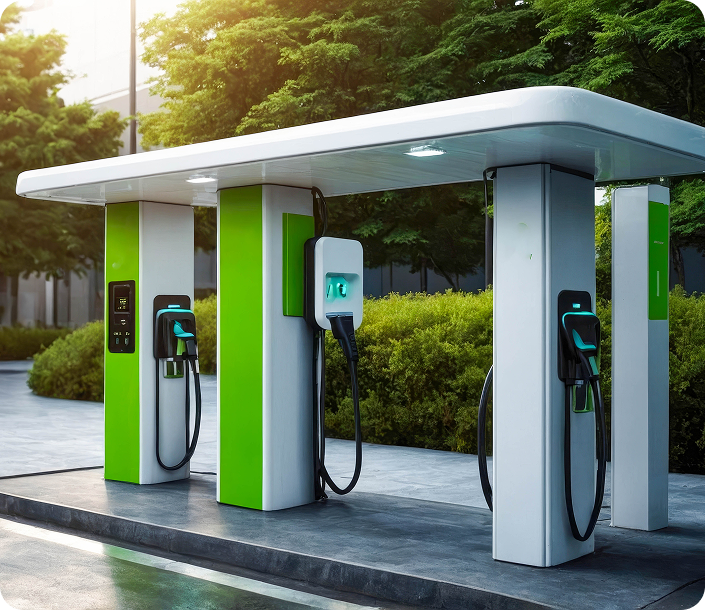 Modern dual electric vehicle charging station with green and white pillars under canopy, surrounded by greenery.