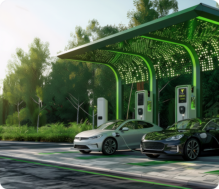 Two electric cars charging under a modern green canopy at a charging station surrounded by trees.