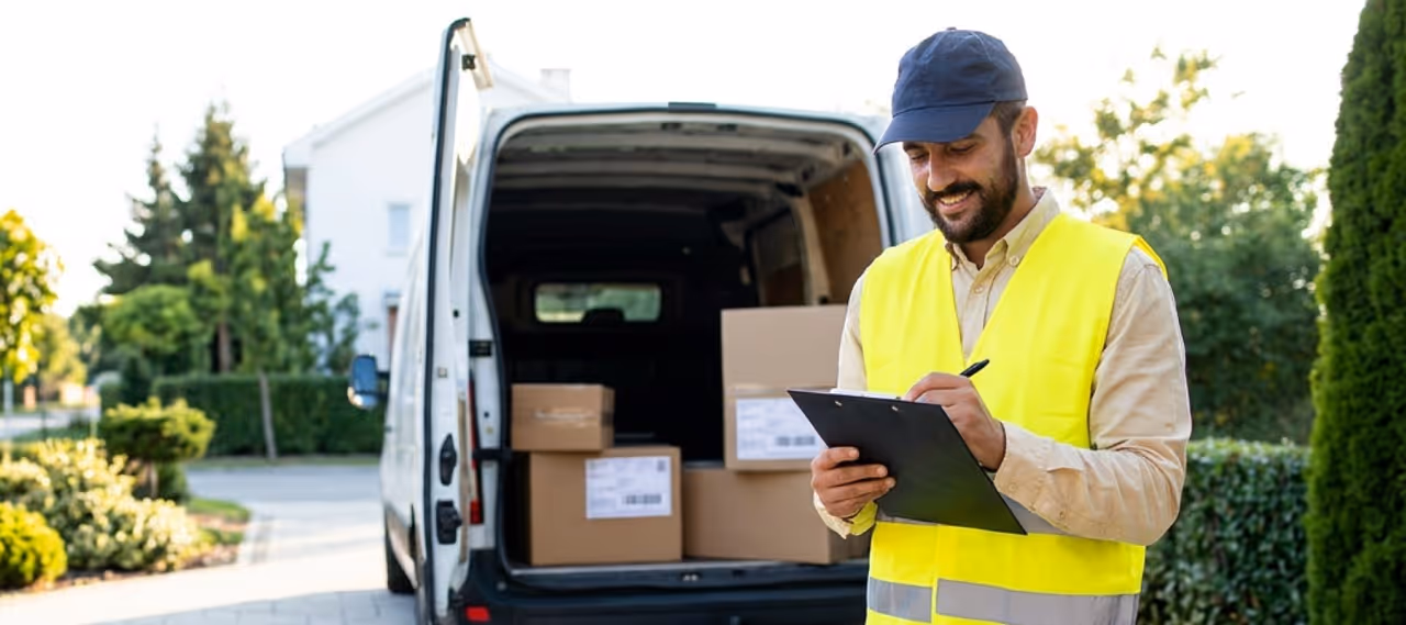 Smiling delivery man in yellow vest holding clipboard beside open van with packages outdoors.