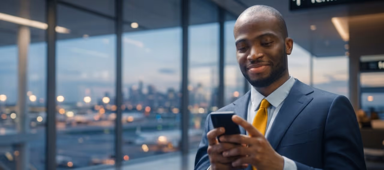 Smiling man in suit and yellow tie using smartphone in office with cityscape view at dusk.