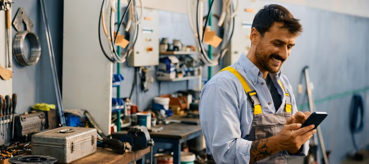 Man in work overalls smiling while using a smartphone in a workshop filled with tools and equipment.
