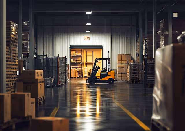 Yellow forklift parked inside a warehouse aisle surrounded by stacked cardboard boxes and pallets.