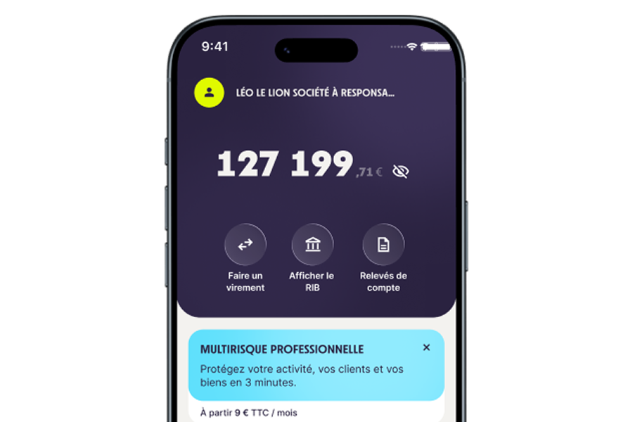 Mobile app screen showing account balance of 127,199.71 euros and options to transfer, view RIB, or statements.
