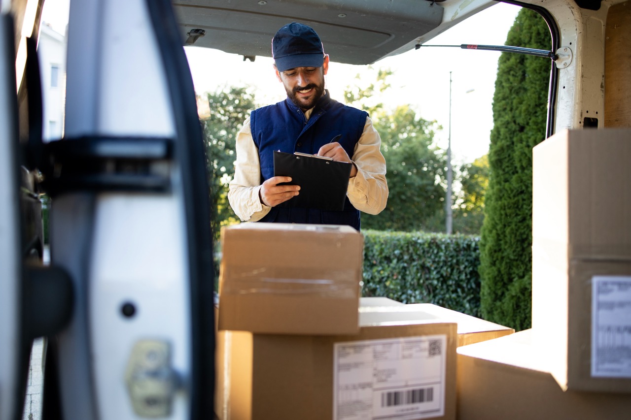 Delivery man in navy cap and vest checking clipboard near stacked cardboard boxes outdoors.