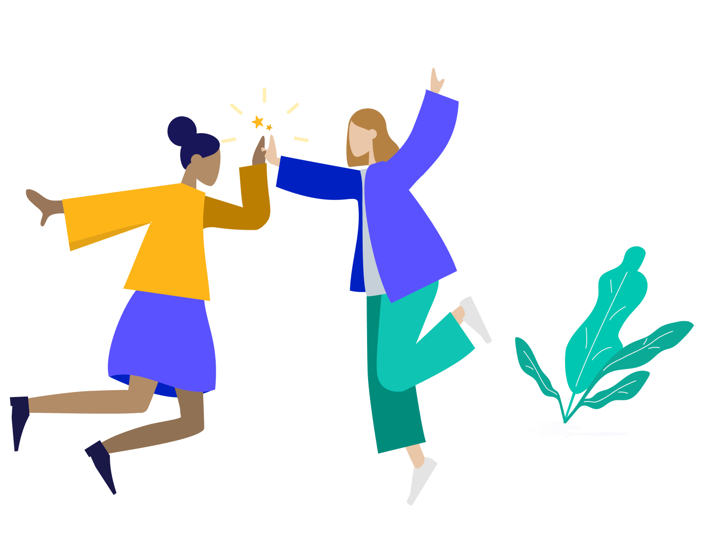 Two stylized people jumping and high-fiving, one in yellow and purple, the other in blue and teal.
