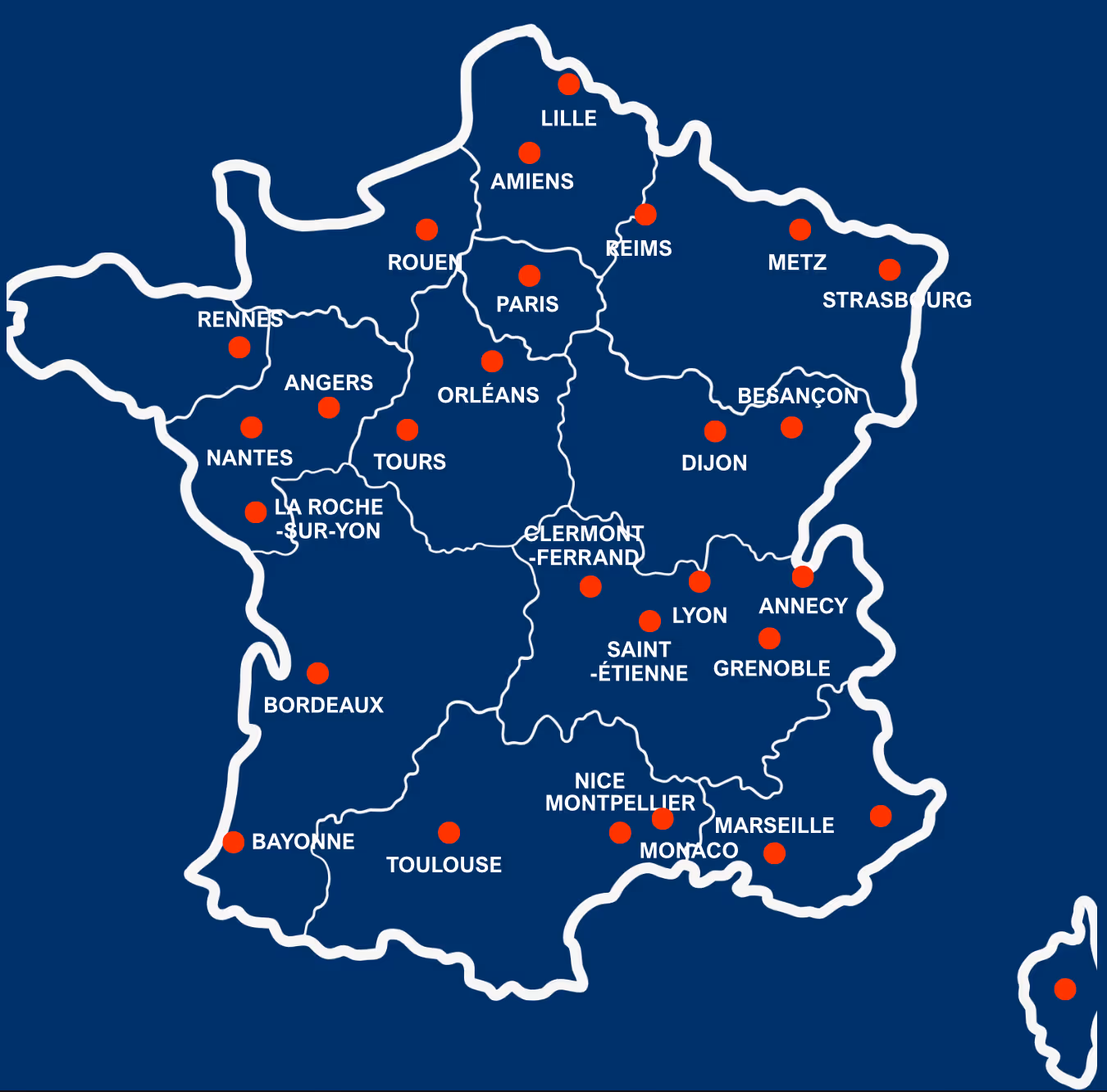 Map of France showing major cities marked with red dots and labeled in white text.