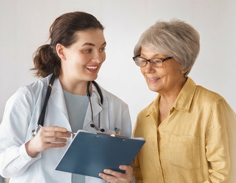 Female doctor smiling and showing clipboard to an older woman in a yellow shirt.