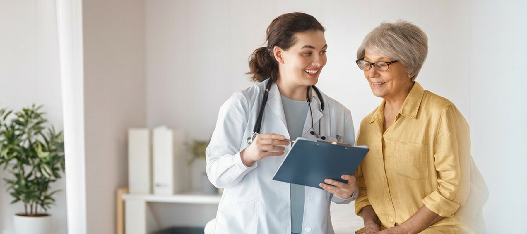Female doctor smiling and showing clipboard to older woman in yellow shirt in a bright room.