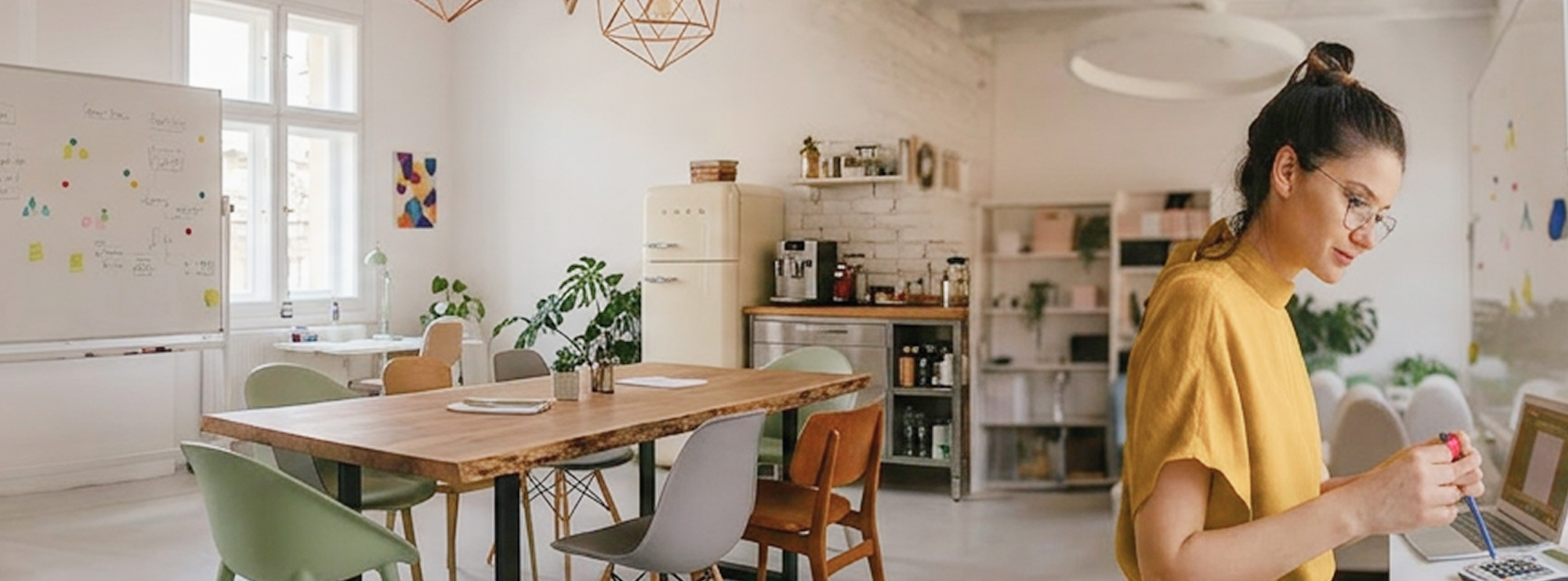 Woman in yellow top writing in notebook at a wooden table in a modern, plant-filled office kitchen.
