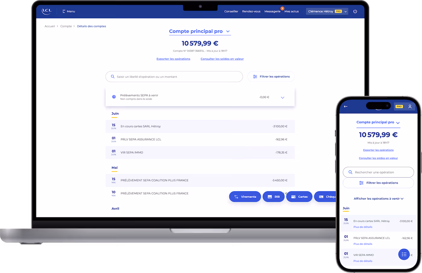 Laptop and phone showing LCL online banking with account balance, transactions, and filtering options.