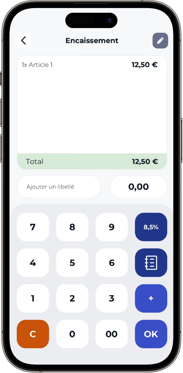 Mobile app checkout screen showing one item costing 12,50 euros with a numeric keypad and options.