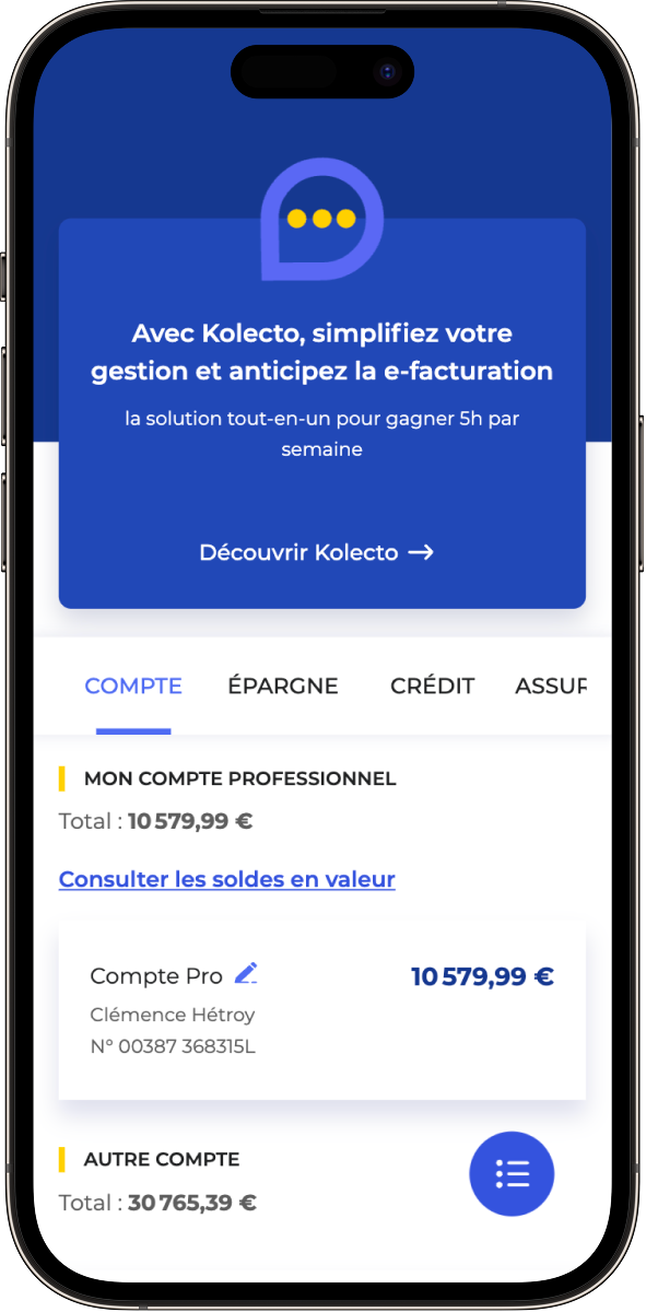 Mobile screen showing professional account balance of 10,579.99€ and other account total 30,765.39€ in French app interface.