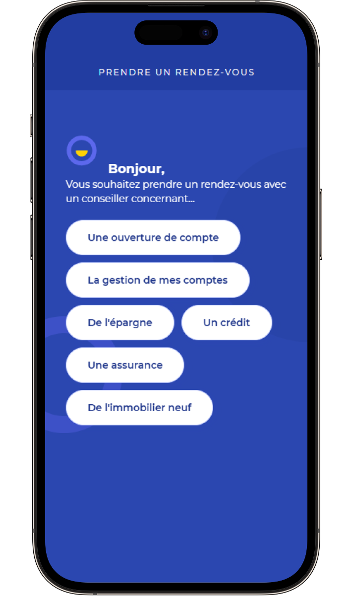 Mobile screen booking appointment showing French options for account opening, credit, insurance, and real estate.