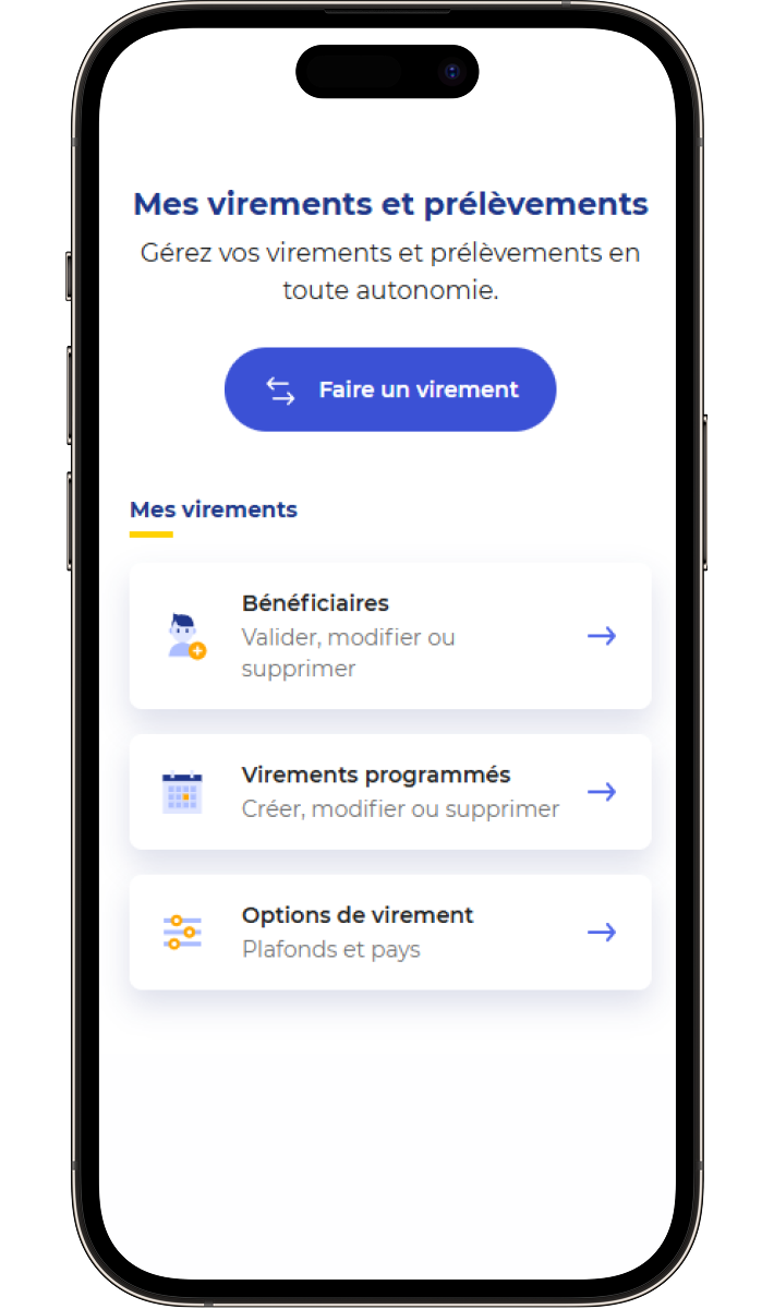 Mobile screen showing a French banking app section for managing transfers with options to add beneficiaries and set limits.