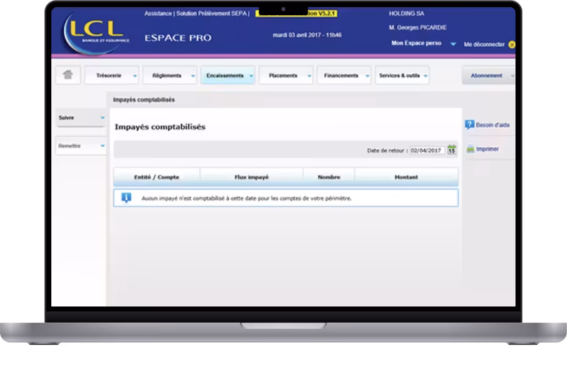 Banking software screen in French showing no unpaid items recorded as of April 2, 2017.