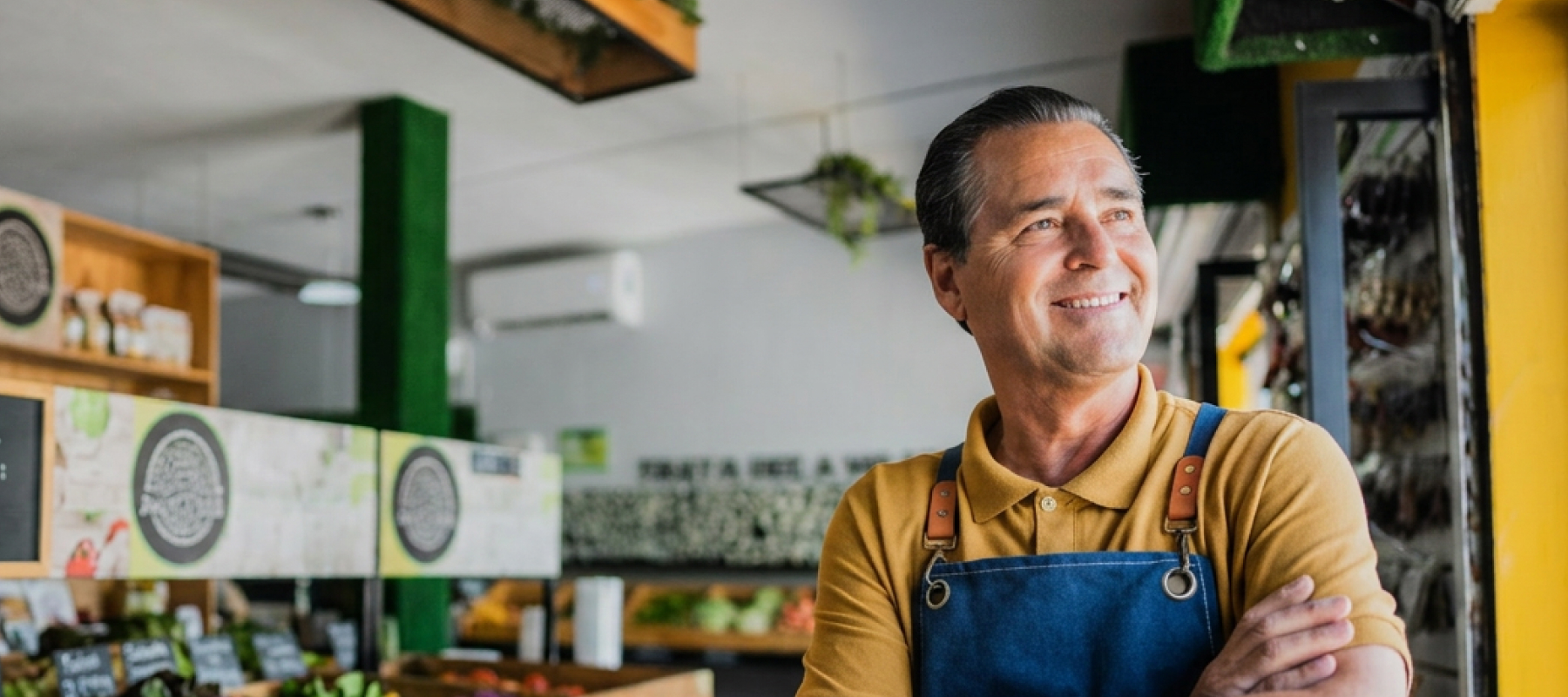Smiling man in a mustard shirt and blue apron stands inside a grocery store with arms crossed.