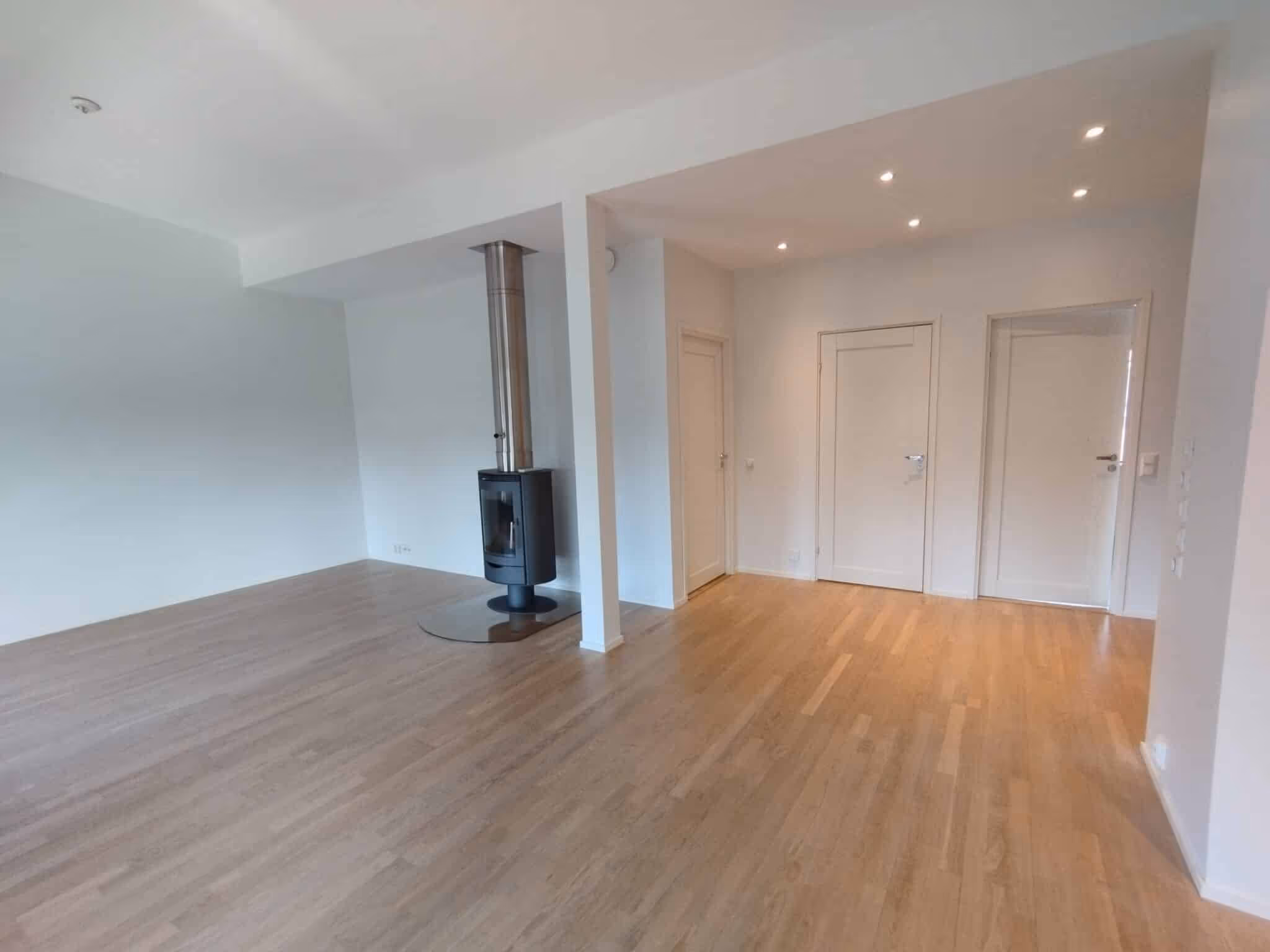 Vaalea huone, jossa puulattia, takka ja valkoiset ovet.